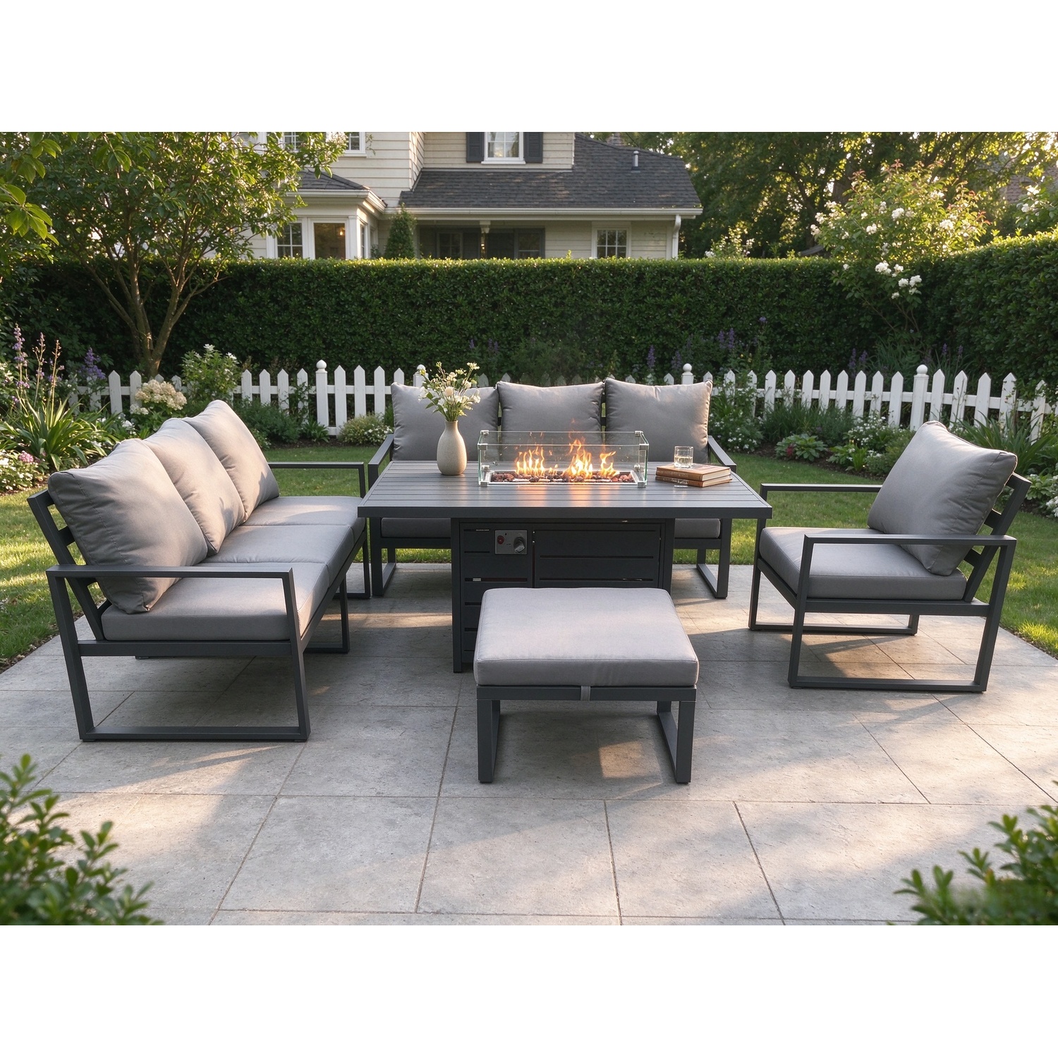 Fimous Aluminium Outdoor Lounge Sofa Garden Furniture Sets Gas Fire Pit Dining Table Set With Arm Chair Big Footstool Dark Grey - Image 3