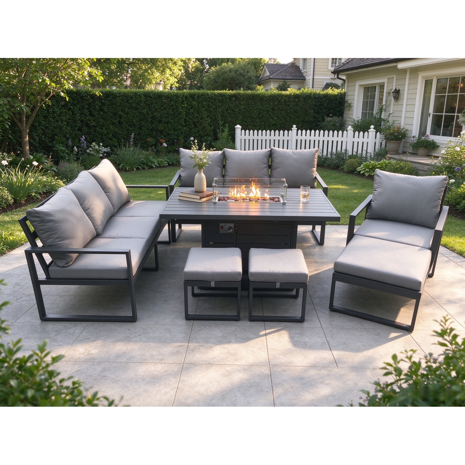 Fimous Unisex Dark Grey Aluminium Pieces Garden Furniture Sofa Set With Cushions 10 Seater Gas Fire Pit Dining Table Set With 3 Footstools In Size 7 - Image 2