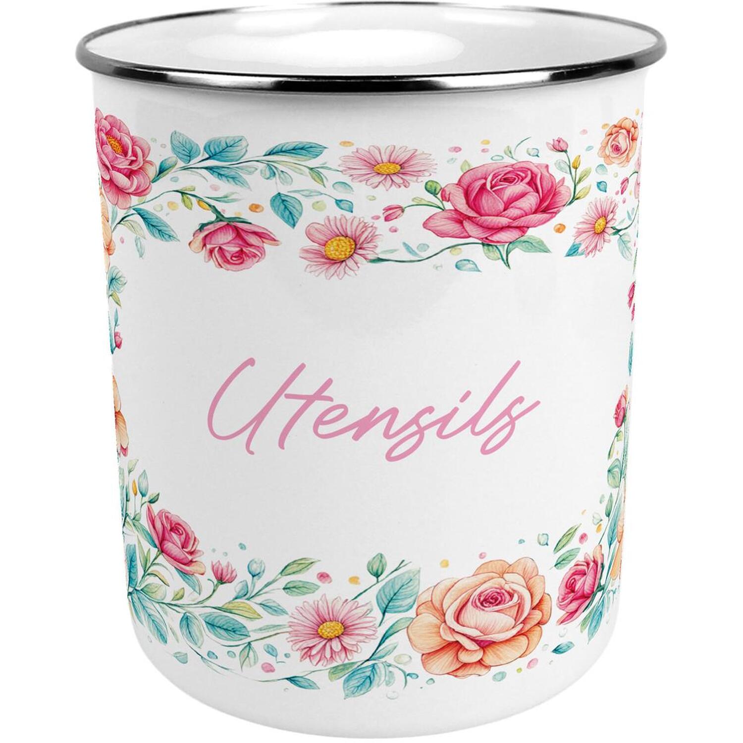 Purely Home Flower Border Large Metal Kitchen Utensil Pot