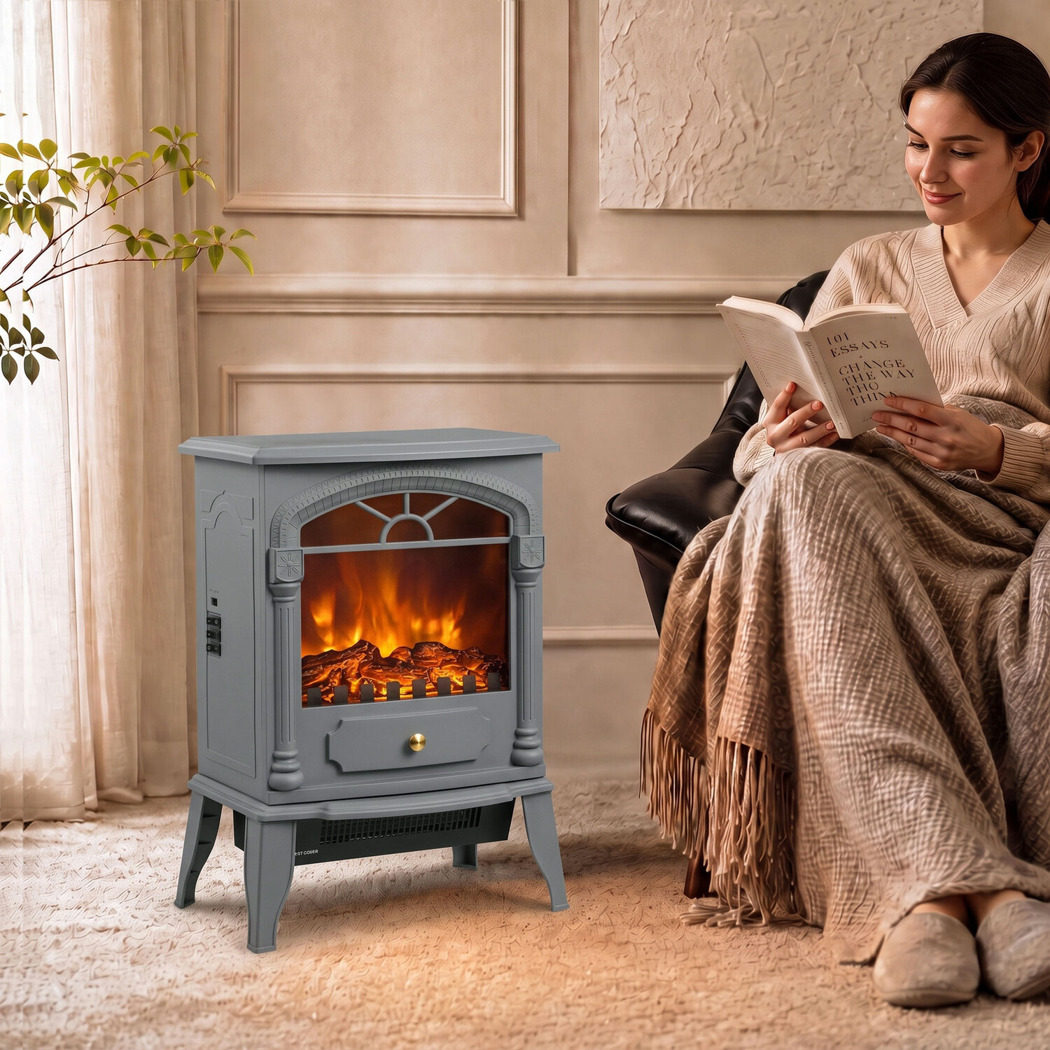 Homcom Unisex Grey Freestanding Portable Fireplace With Adjustable Thermostat, Medium - Image 7