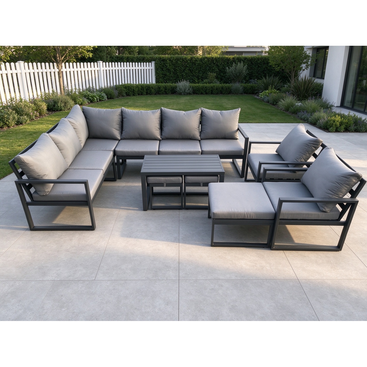 Fimous Aluminum 11 Seater Outdoor Lounge Corner Sofa Set Garden Furniture Sets With Oblong Coffee Table 2 Chairs 3 Footstools Dark Grey - Image 3