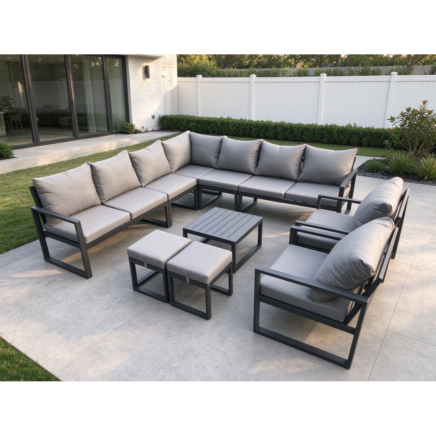 Fimous Dark/Grey Aluminium Outdoor Garden Furniture Set Lounge Corner Sofa 2 Pcs Chair Square Coffee Table Sets With 2 Small Footstools - Image 2