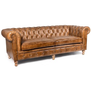 Genuine Brown Tan Leather 3 Seater Chesterfield Sofa