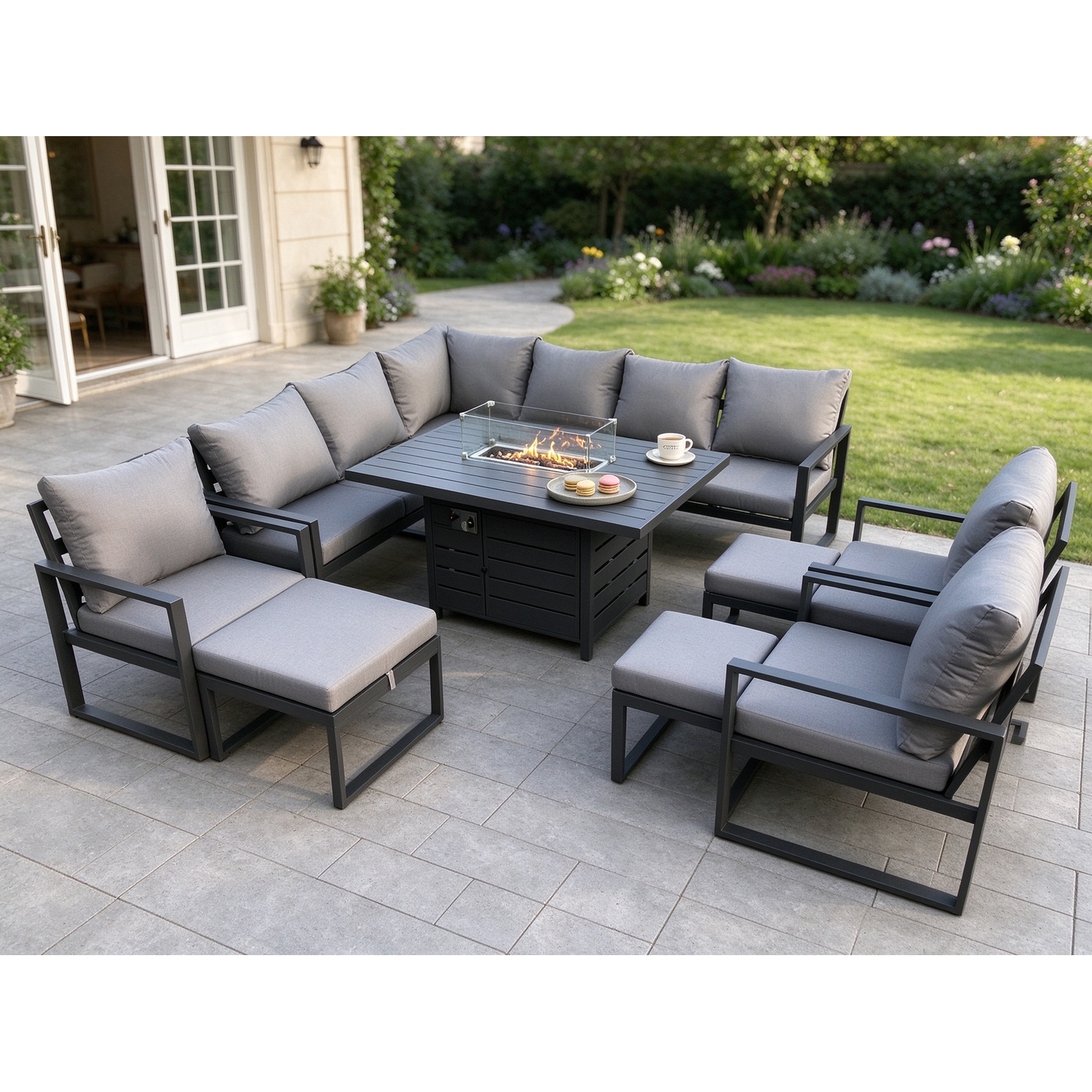 Fimous Aluminium 11 Pieces Garden Furniture Corner Sofa Set With Cushions Gas Fire Pit Dining Table Set With 3 Chairs 3 Footstools Dark Grey - Image 3