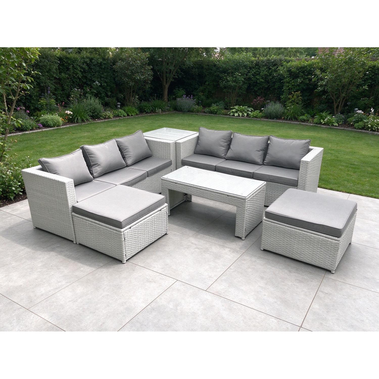 Fimous 8 Seater Garden Outdoor Rattan Furniture Set Rattan Garden Sofa Oblong Coffee Table With 2 Big Footstools Side Table Light Grey Mixed - Image 3