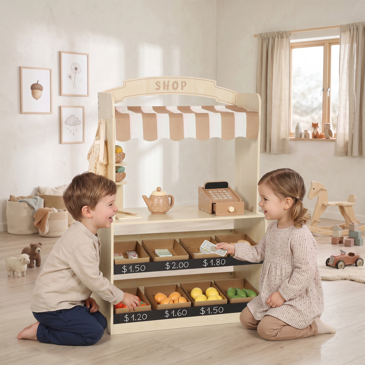 Aiyaplay Pretend Play Shop Wooden Kids Grocery Store Playset With Play Food - Image 3