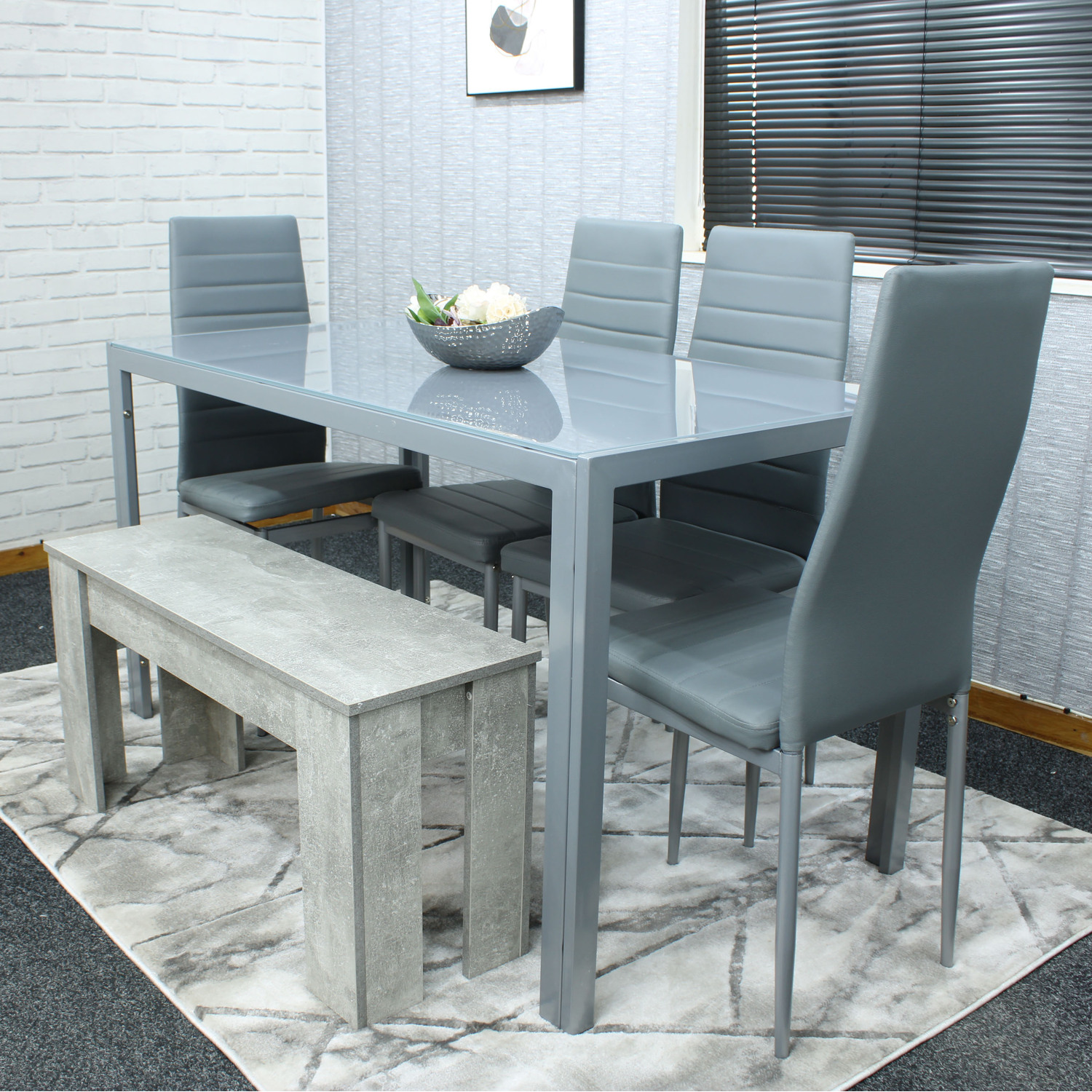 Kosy Koala Grey Glass Table With 4 Grey Faux Leather Chairs And 1 Bench - Grey
