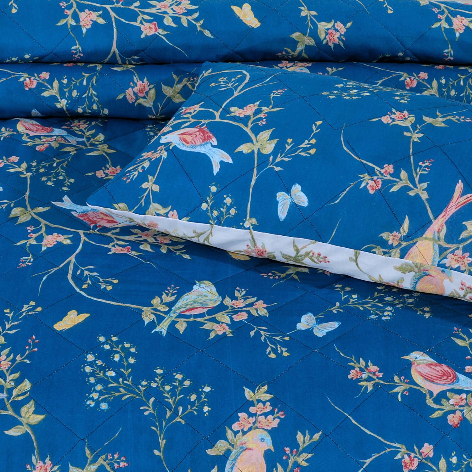 Birds Floral Navy Bedspread Set - Navy Single