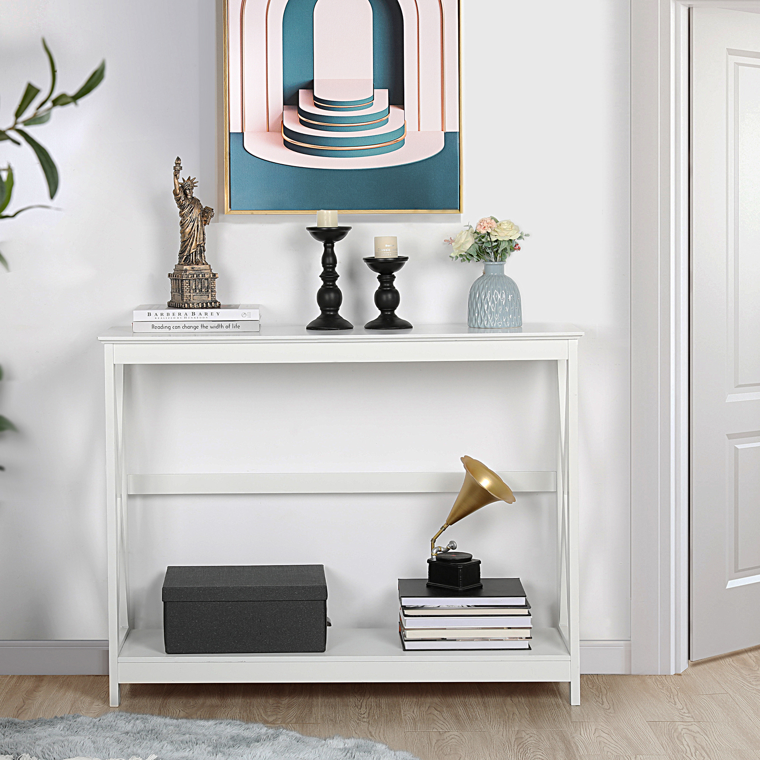 2-tier Narrow Industrial Side Console Table - White