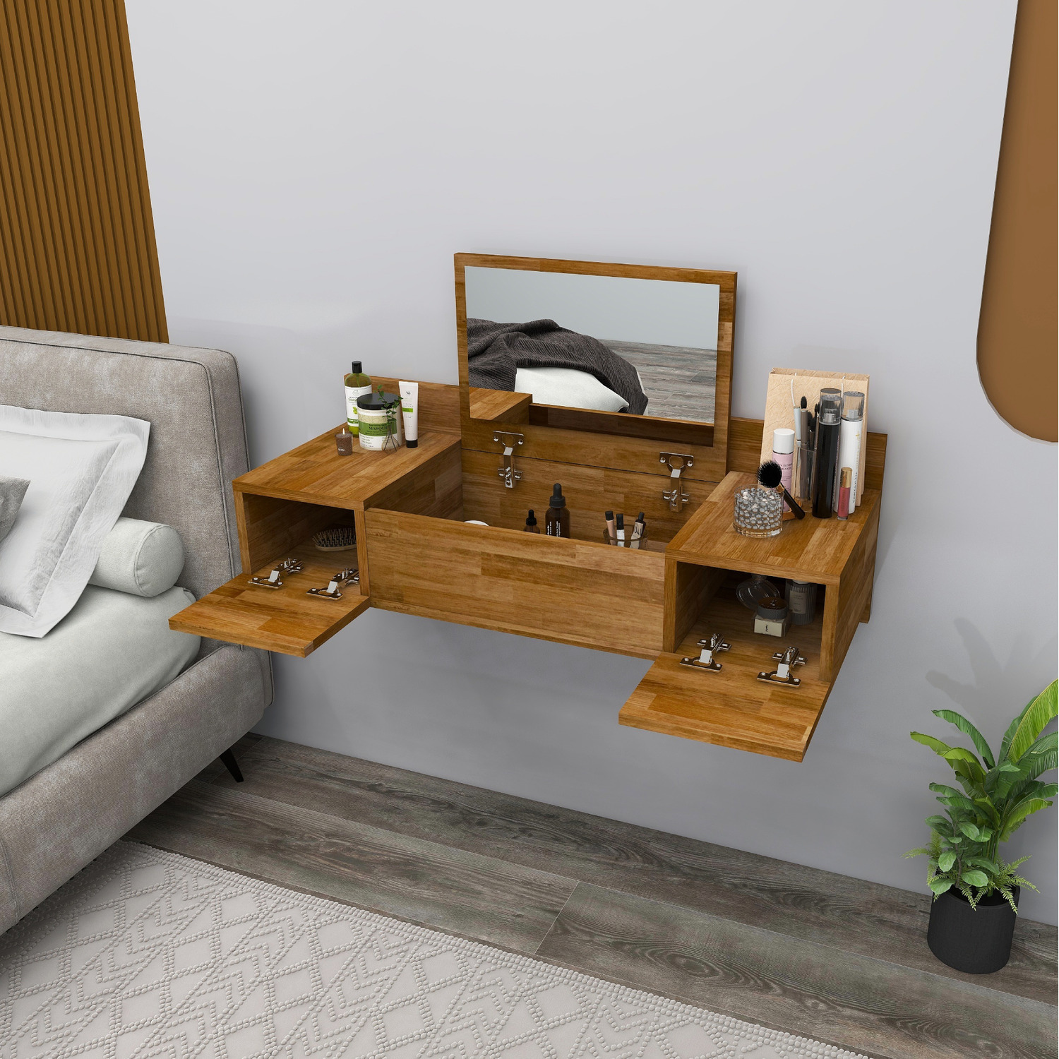 Solid Pine Wood Handmade Vanity Dressing Table With Mirror Beryl - Walnut