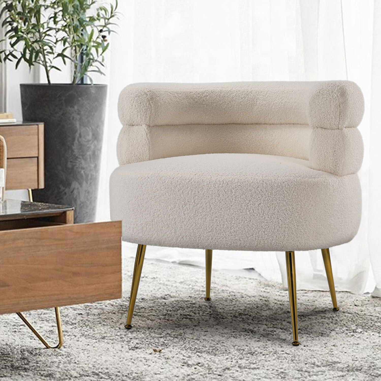Curved Upholstered Teddy Fur Accent Chair - Off White