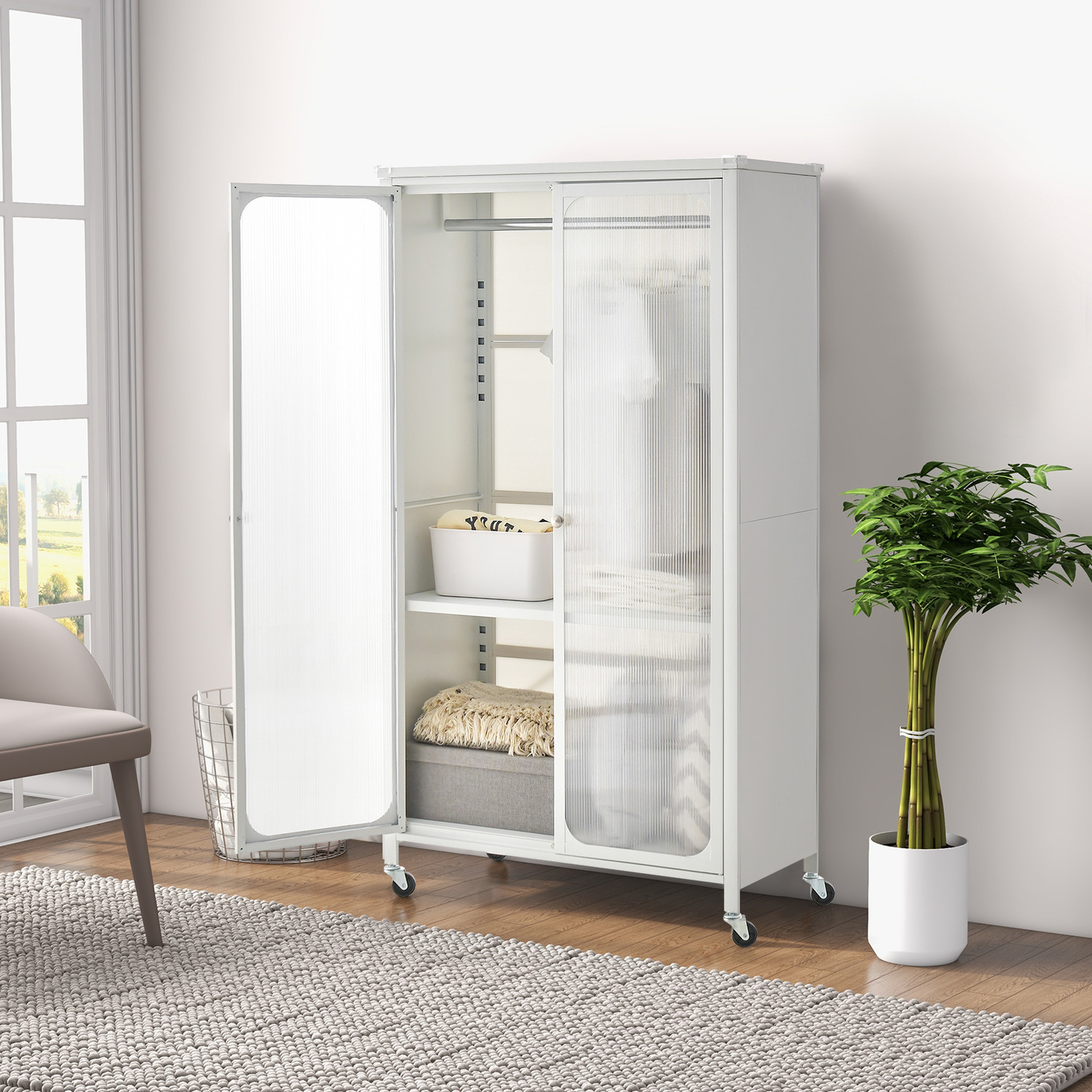 Mobile Metal Wardrobe Armoire Closet - White