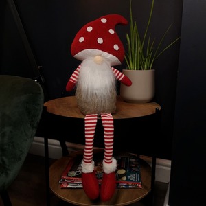 Stripey Plush Sitting Christmas Gonk with Dangly Legs and Mushroom Hat