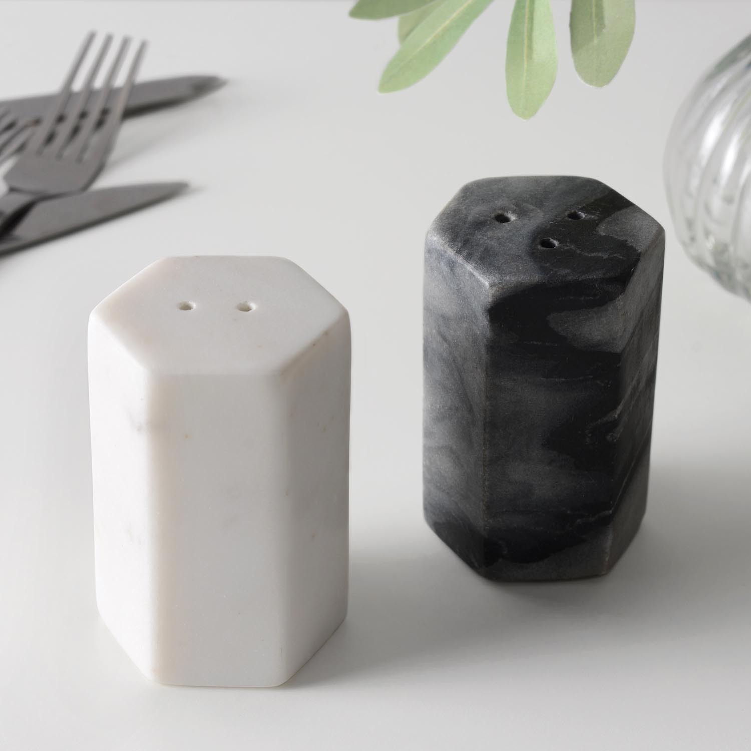 Image of Marble Hexagonal Salt and Pepper Shakers