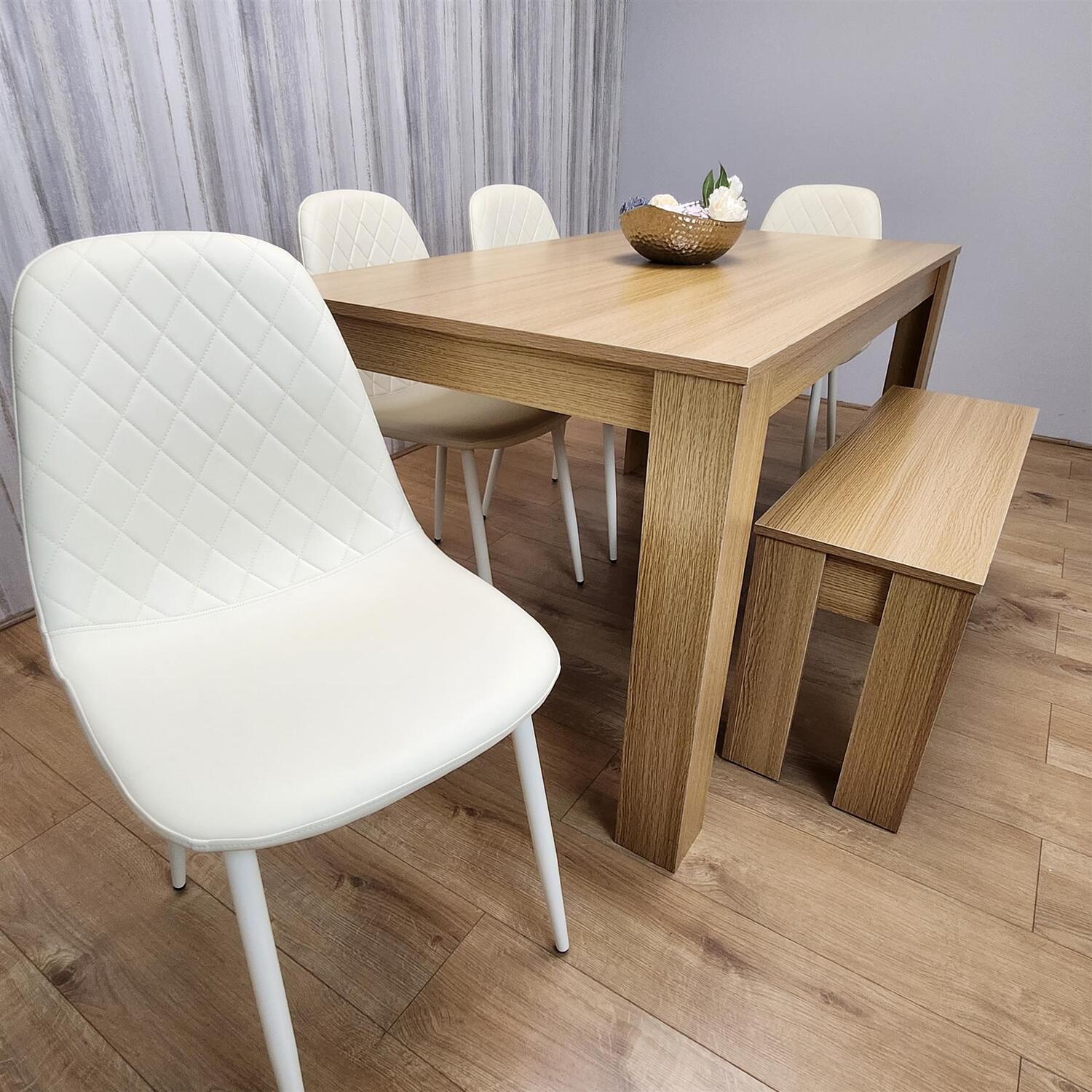 Dining Table With Stiched Chairs And Bench Set - Cream