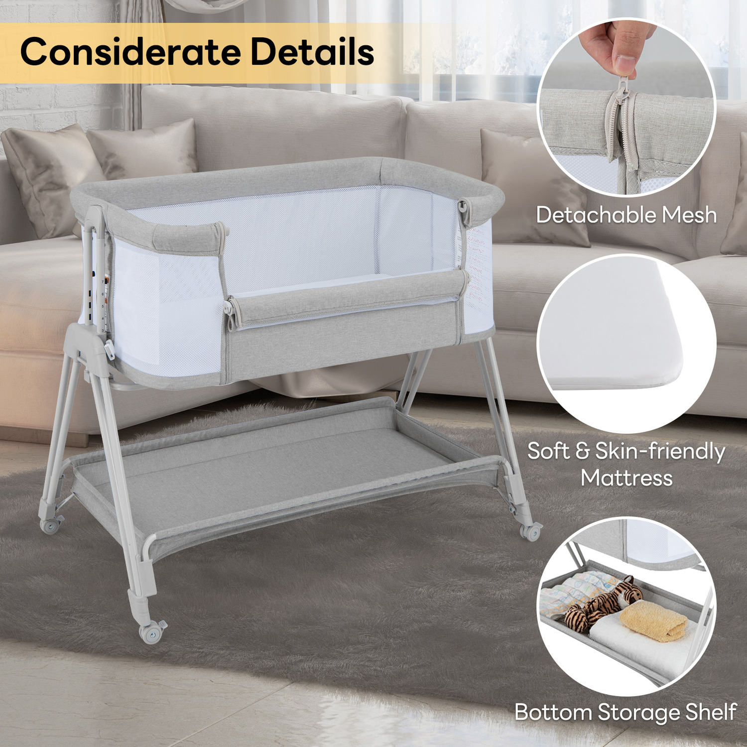 thumbnail image 2 of WinBear Baby Bassinet Crib - Bedside Sleeper - Foldable Portable Adjustable With Mosquito Net & Wheels 2 of 5