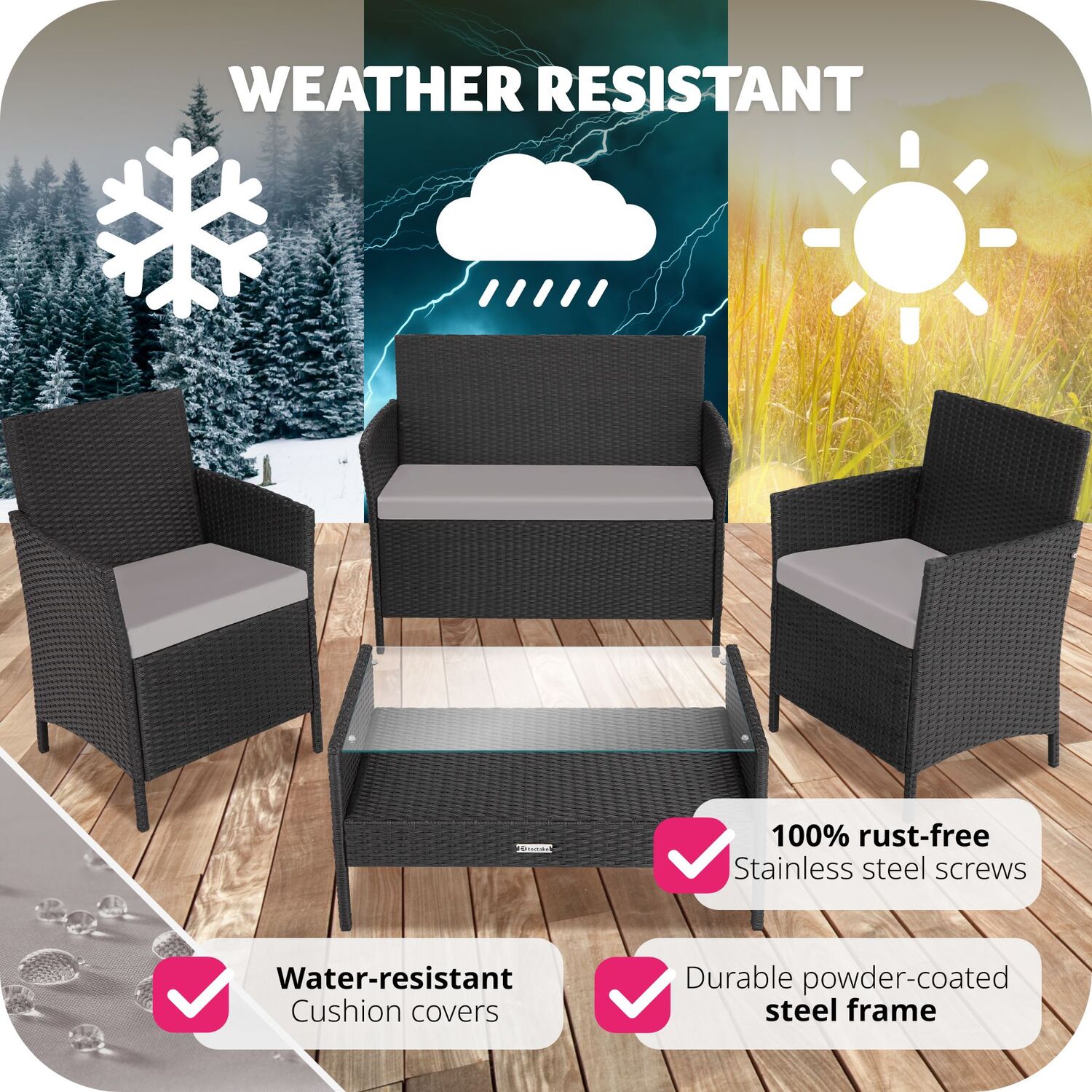 Garden Furniture Set Madeira - Sofa 2 Armchairs Coffee Table - Black Grey