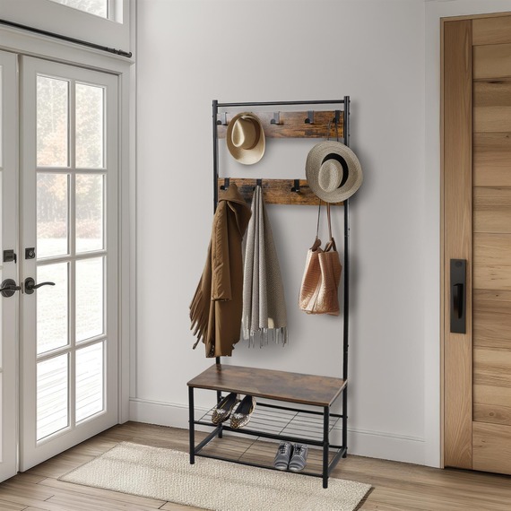 Coat Rack Stand with Shoe Storage Bench 9 Hooks Rustic Finish Entrance Hall
