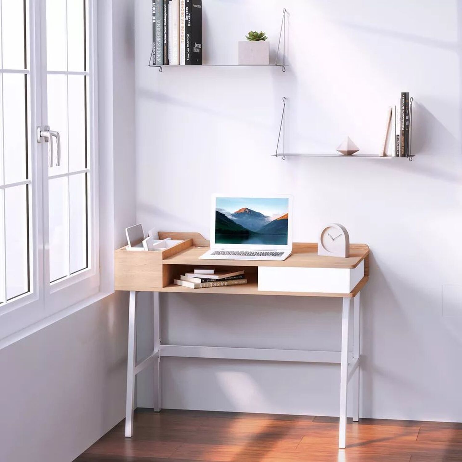 Home Office Desk With Storage - Natural And White