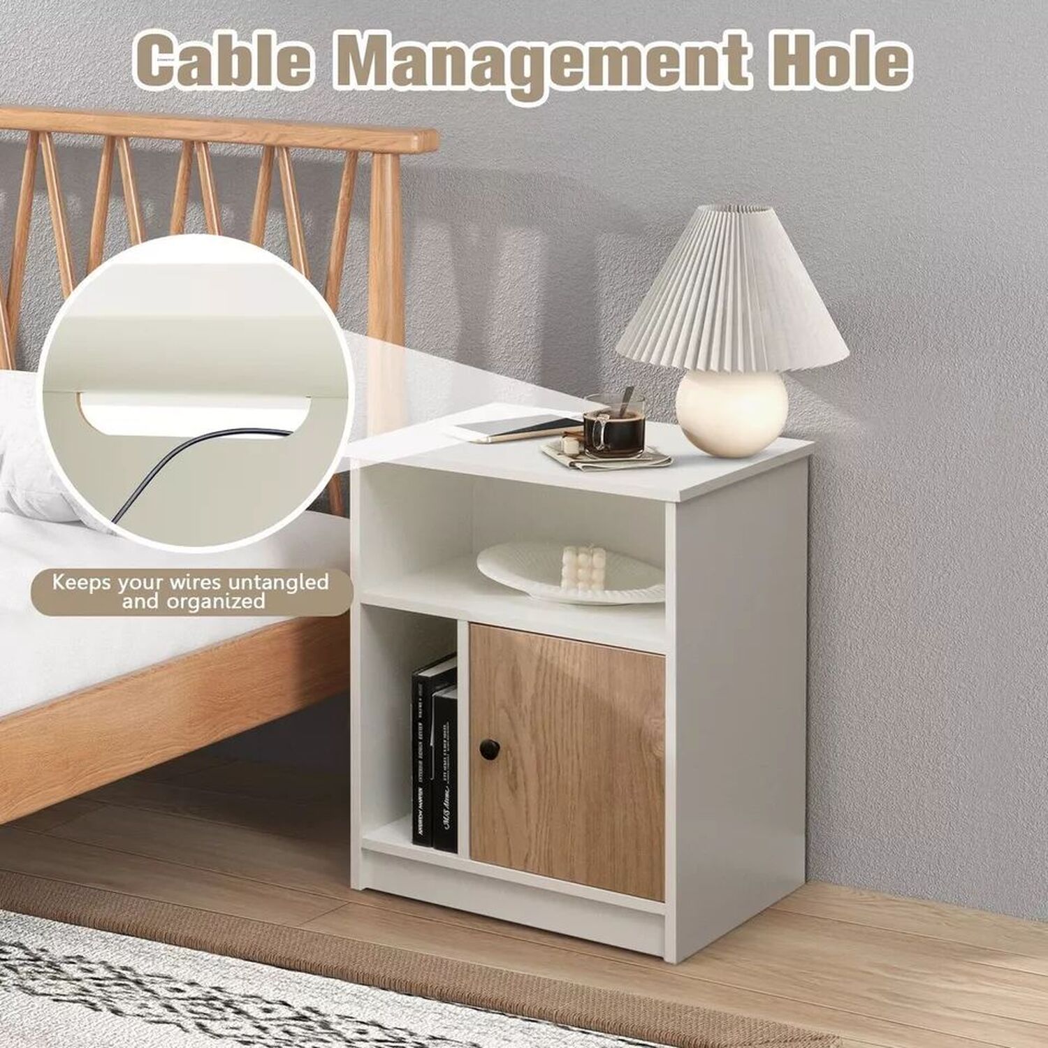 Set Of 2 White And Natural Modern Bedside Tables With Door - Natural