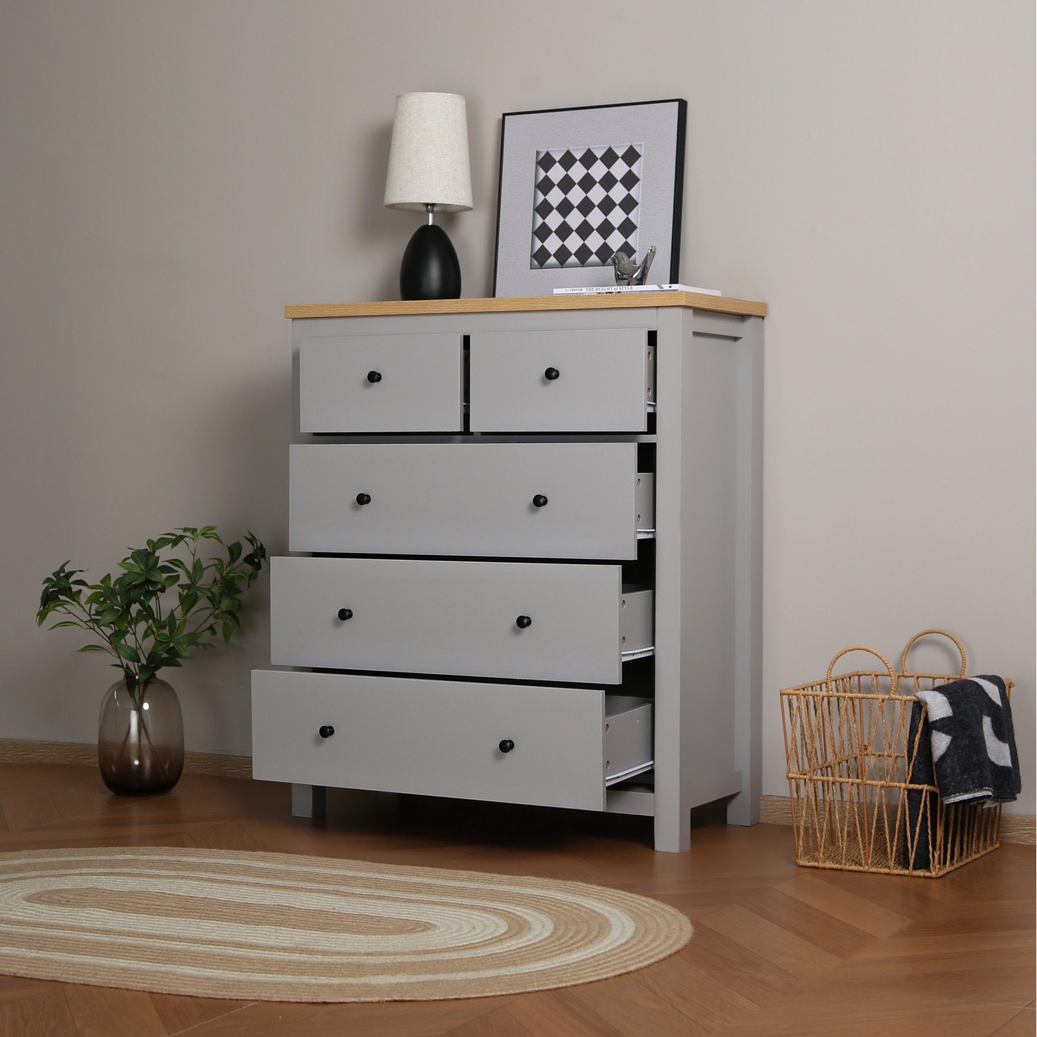 Wiltshire Chest of 5 Drawers with Wooden Top