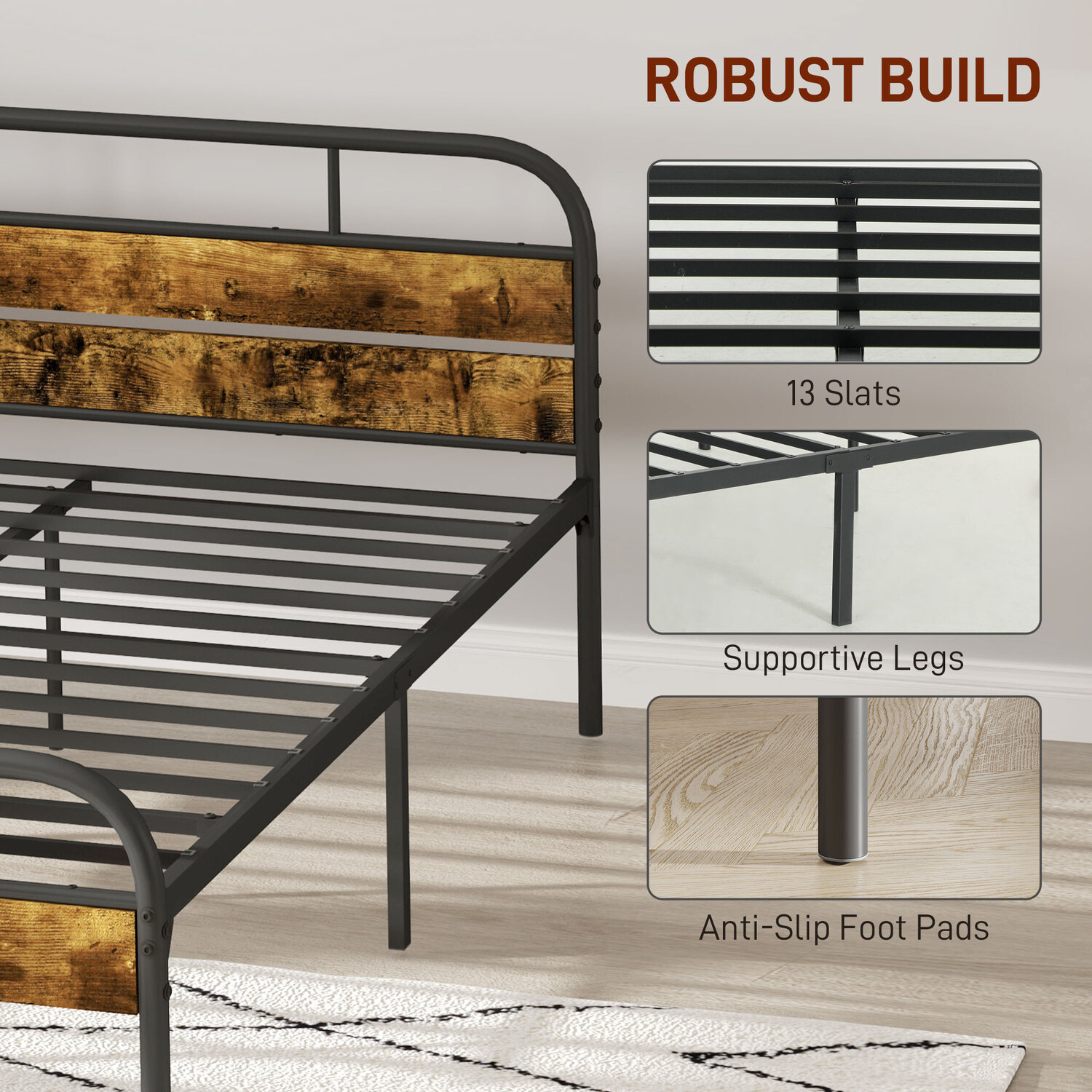 Double Industrial Metal and Wood Bed Frame with Headboard