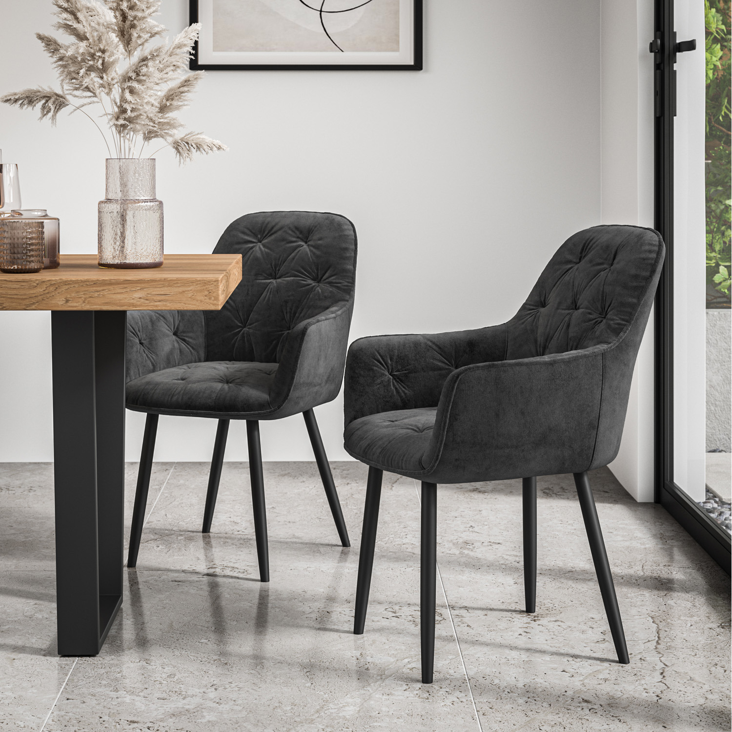 Aria Dining Table And Chairs - Oak Effect Table W 4-6 Anika Velvet Chair - Black 4