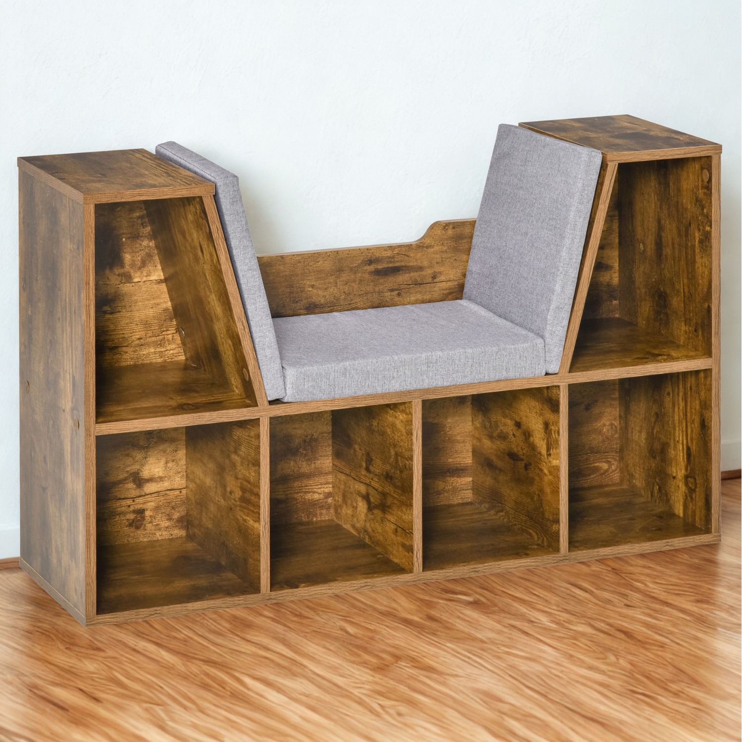 Modern Bookcase Storage Cabinet With Reading Seat - Rustic Brown