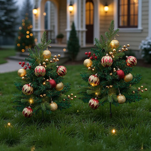 Set of 2 LED Faux Pine Christmas Tree with Berries and Baubles