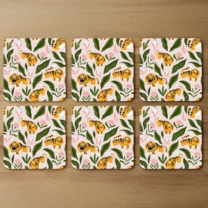 Cute tigers and tropical leaves and flowers Designer Coaster Set