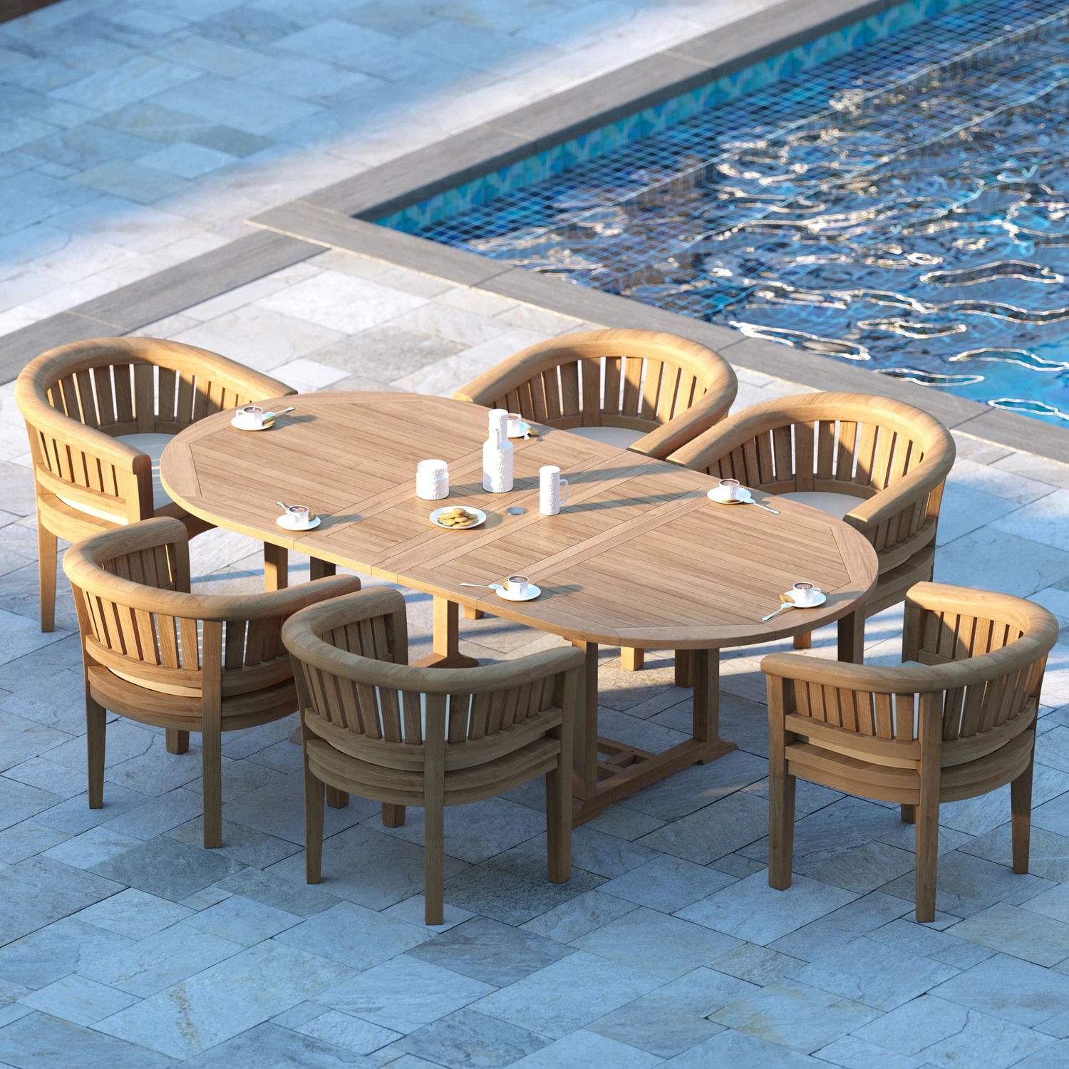 Salerno Teak Garden Dining Table And 6 Seat Chair Set - Teak Table 6 Chairs Green Cushions