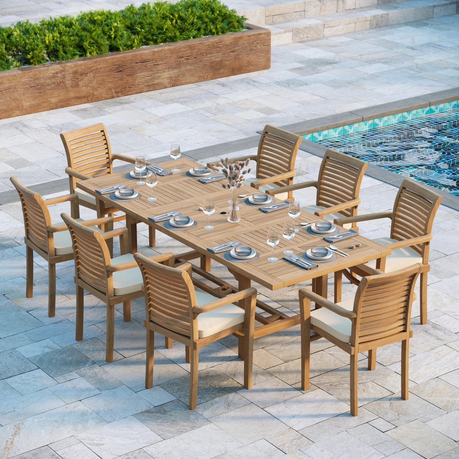 Florence Teak Garden Dining Table And 8 Seat Chair Set - Teak Table 8 Chairs Black Cushions
