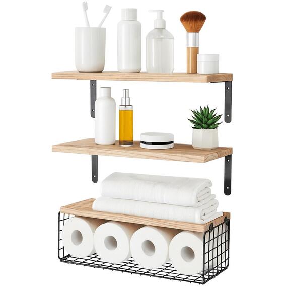 Set of 3 Rustic Wooden Bathroom Shelves with Wire Storage Basket