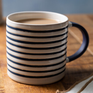Mikasa Black Stripy Stoneware Mug, White and Blue Striped Print Cup, 390ml