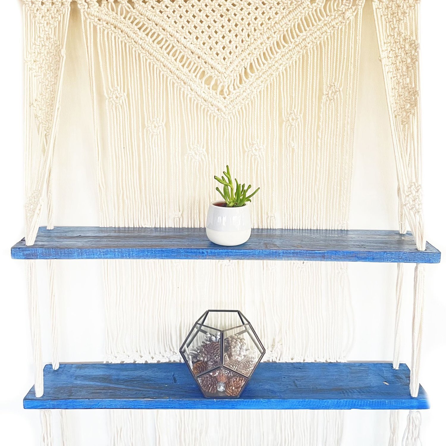 Natural Blue Macrame Hanging Shelves For Home Office Decor - Blue