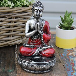 Red Bali Hand Painted Buddha Candle Holder Namaskara Mudra Decor
