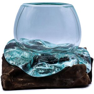 Molten Glass Goldfish Bowl on Wood Handcrafted Decor Piece