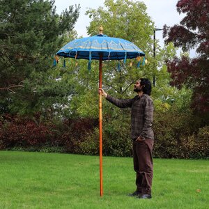 Bali Patio Parasol 1.5m - Turquoise Cotton Shade with Gold Accents