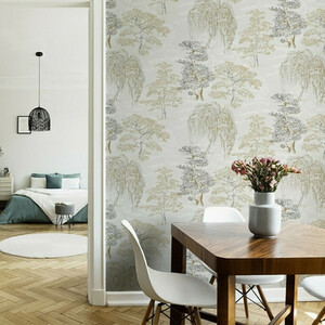 Arthouse Oriental Garden Natural Metallic Willow Trees Beige Grey Wallpaper