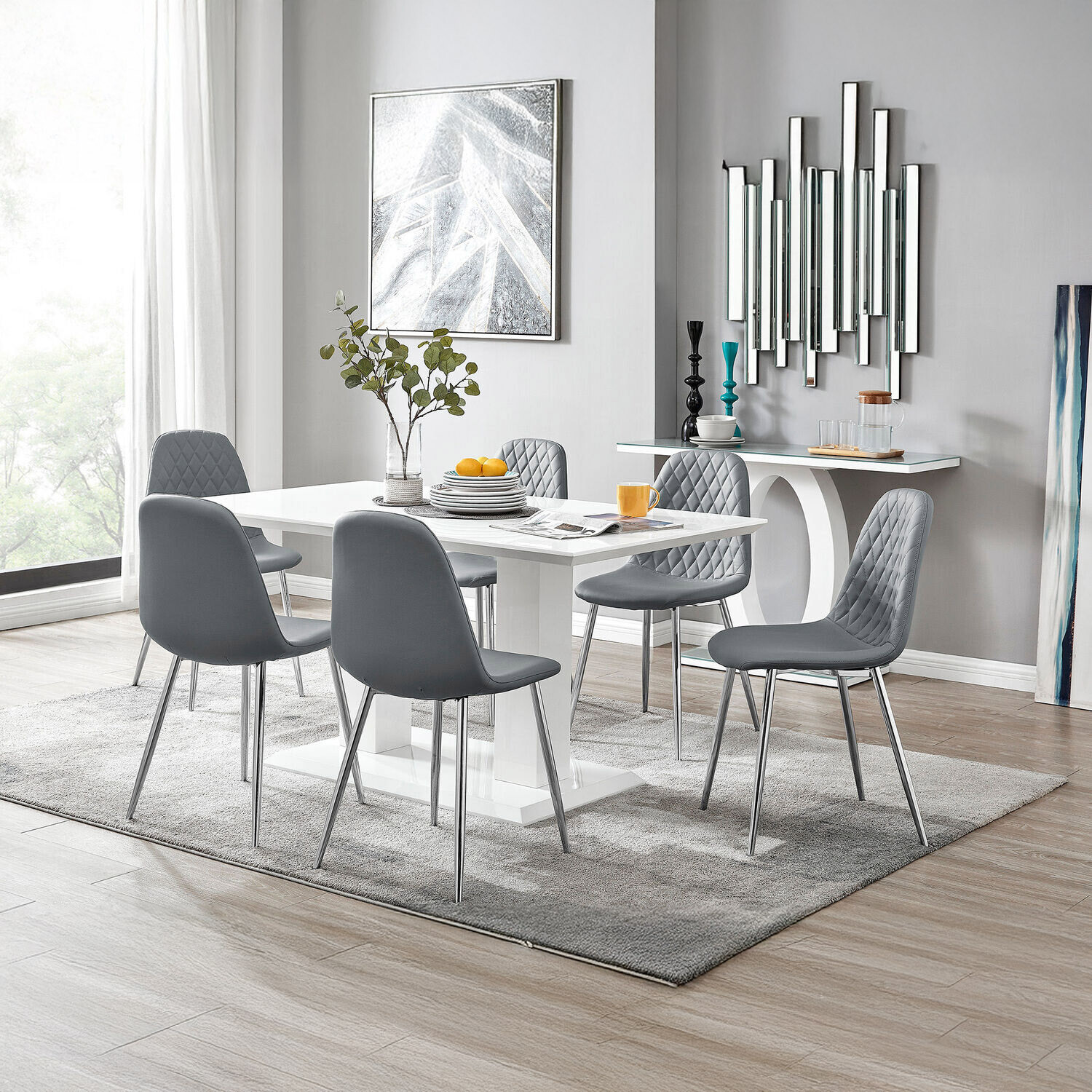 Imperia High Gloss Dining Table and 6 Corona Chairs Set - Grey