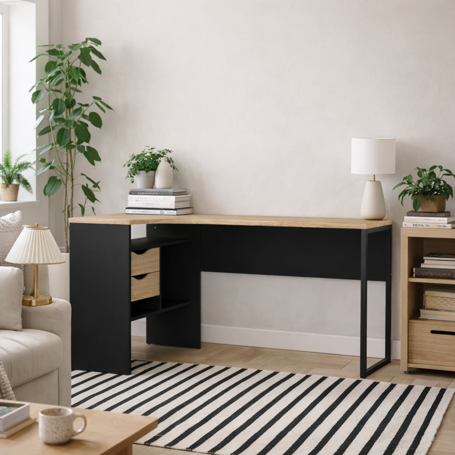 Wyld Haus Billabong L-Shaped Corner Desk - Black Matt and Natural Oak - Black Matt and Natural Oak