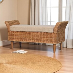 Solid Wood Riviera Woven Bench Cream boucle seat