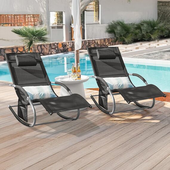 Sun Lounger Garden Chair with Pillow  Side Pocket - Black