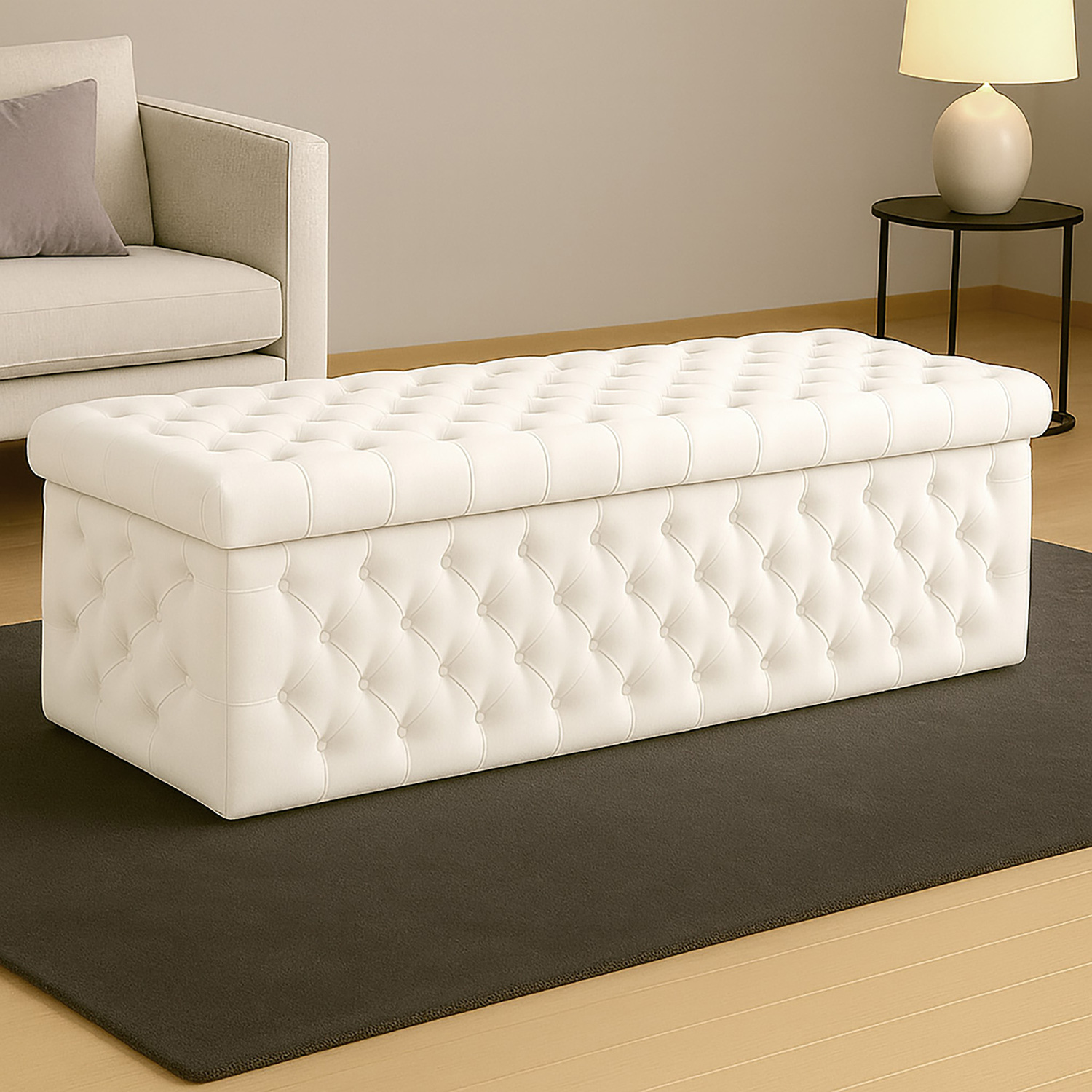 R&M Furnishers Wide Lux Ottoman Storage Box, Sapphire Blue Velvet Upholstered Chesterfield Storage Ottoman Box - White Plush Velvet