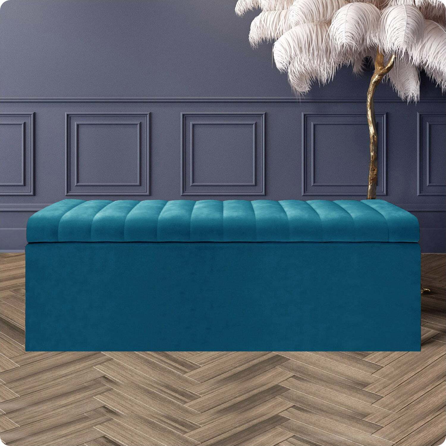 R&M Furnishers Safar Ottoman Storage Box, Plush Velvet Striped Upholstered Blanket Chest, End Of Bed Bench - Emerald Green Plush Velvet