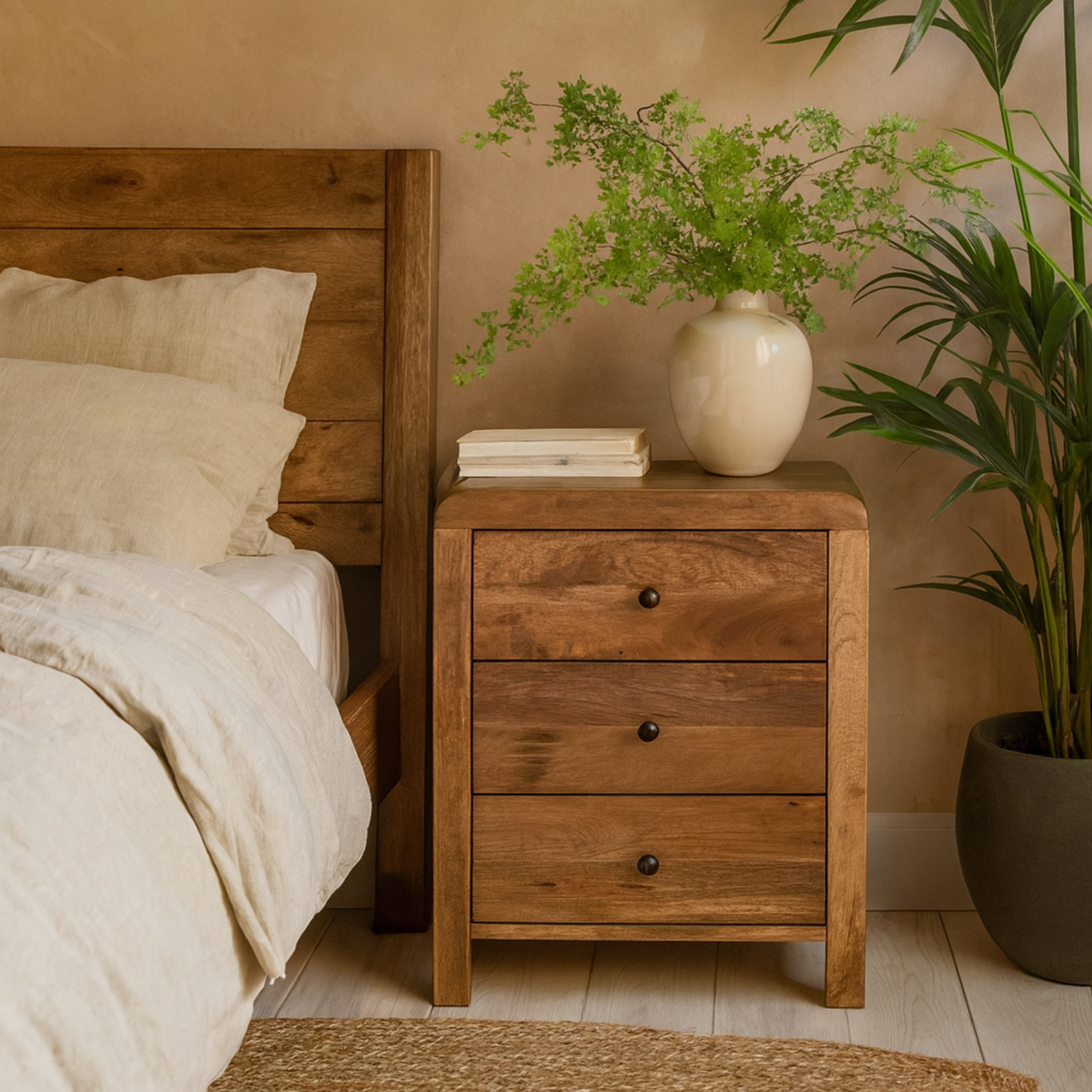 Padua 3 Drawer Mango Wood Bedside Table Natural Finish - Brown