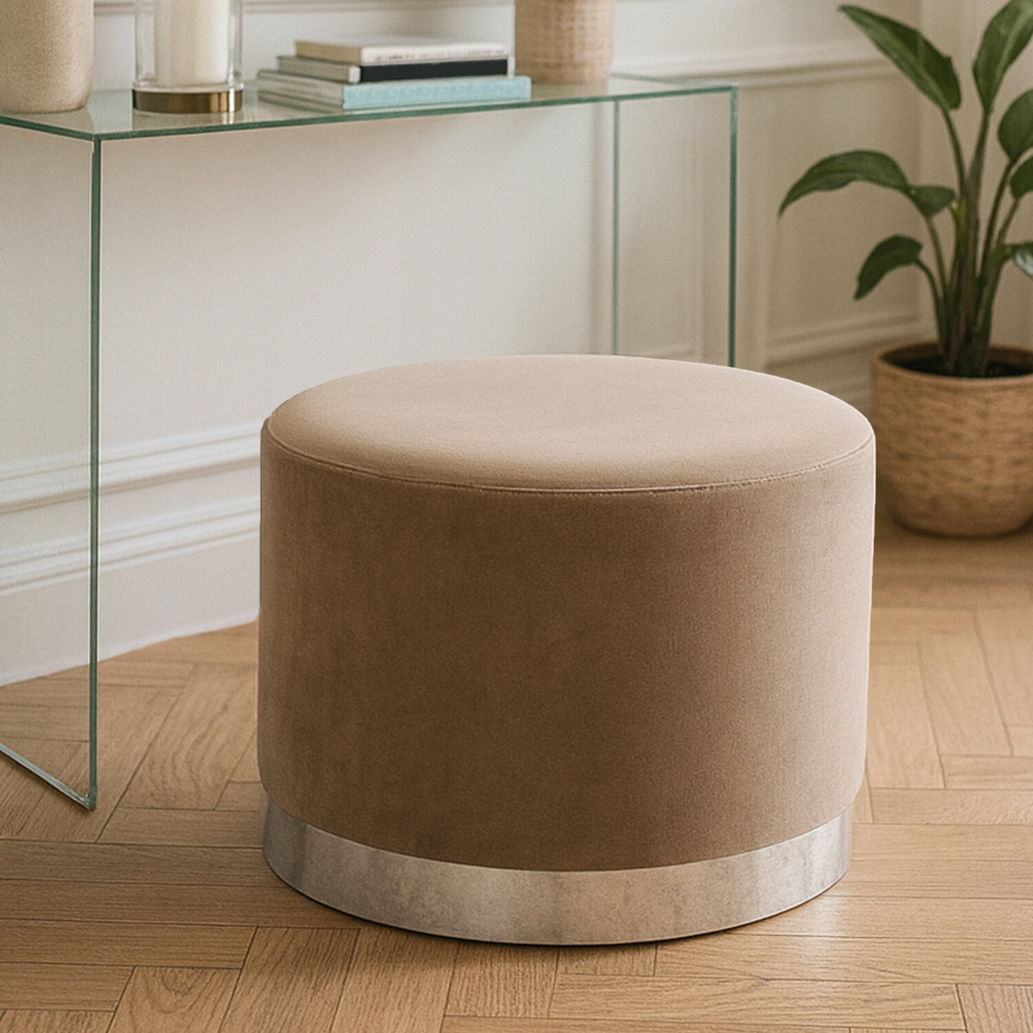 Hagen Mink And Silver Round Stool - Brown