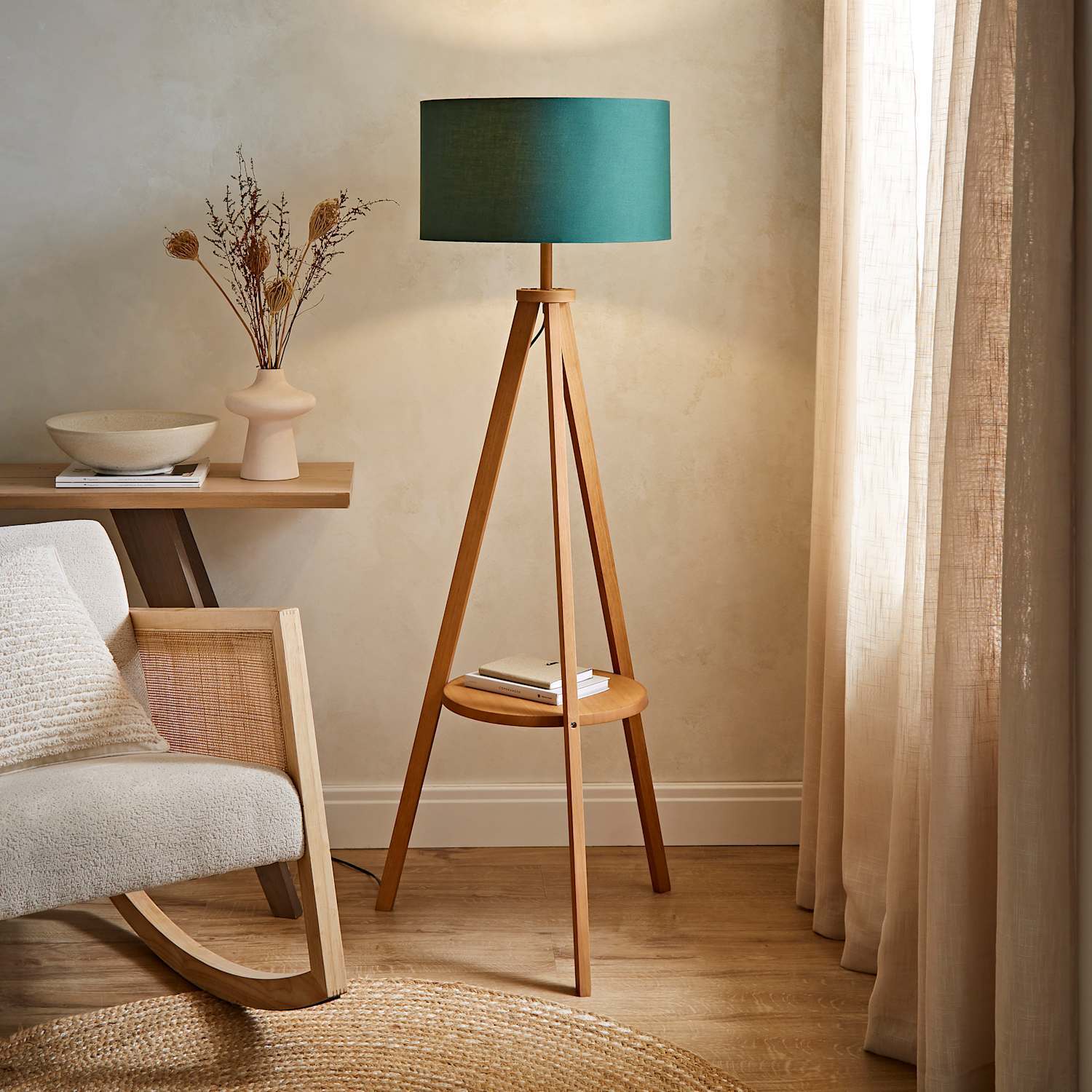 Valuelights Morrigan Mid Wood Shelf Floor Lamp With Drum Shade - Mid Wood Forest Green - Mid Wood