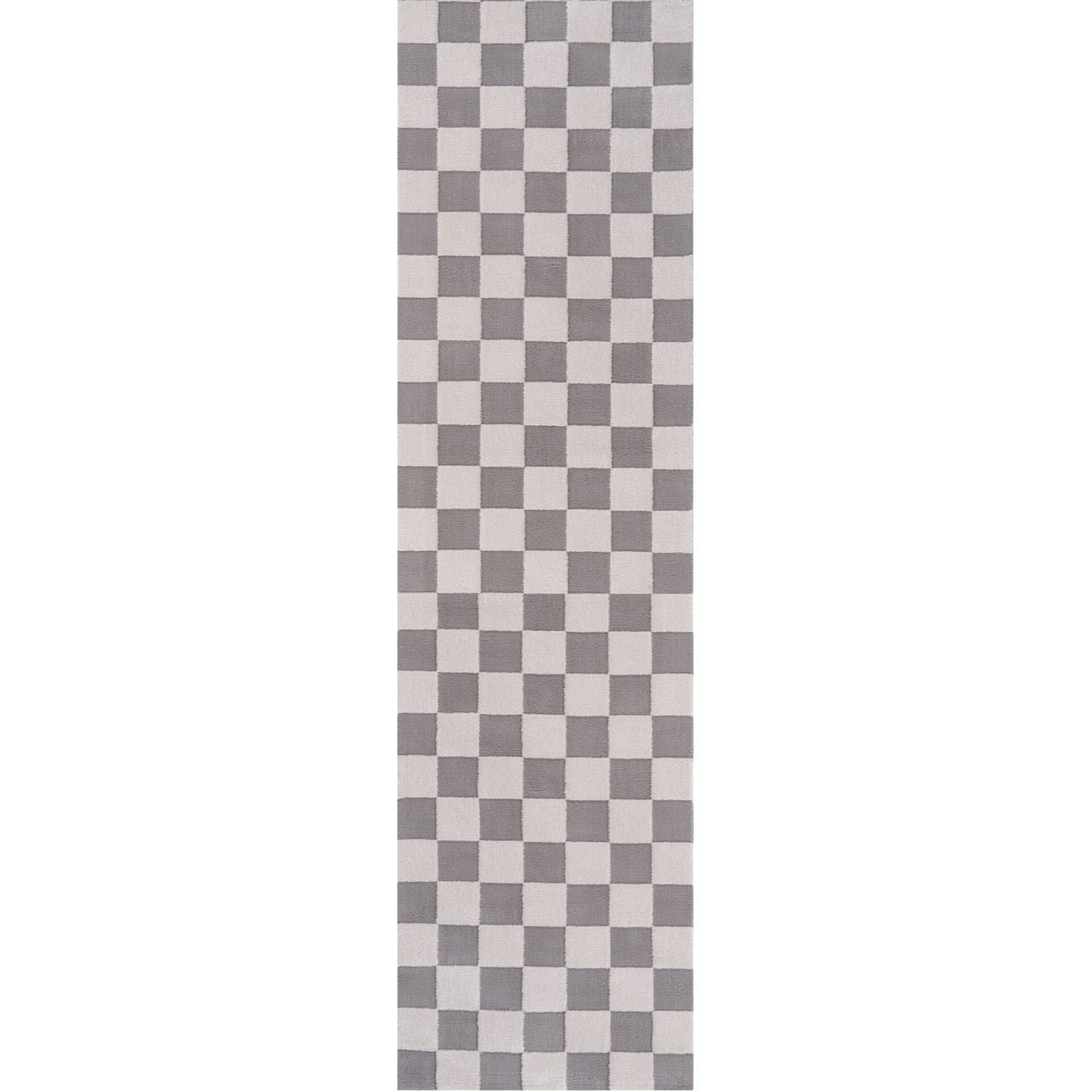 THE RUGS Loft Checkered Living Room Area Rug & Runners Soft Pile in Light Grey | Size: 80cm x 300cm - Image 2