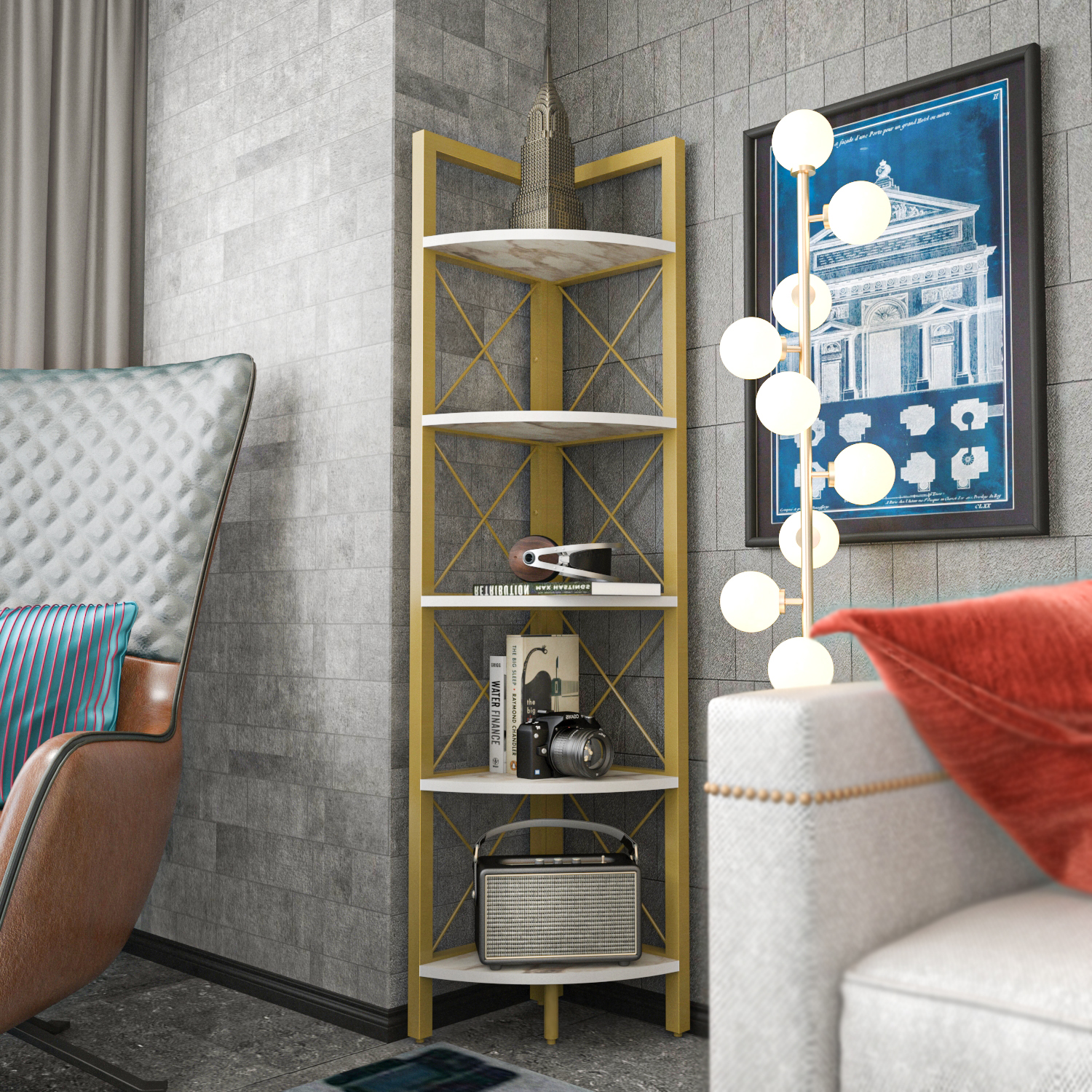 Decorotika Remo 5-Tier Modern Bookshelf Shelving Unit - White And Gold